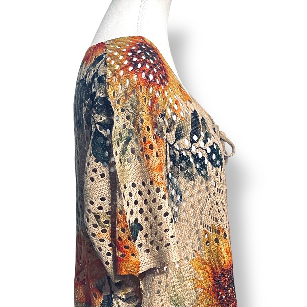 Floral Crochet Tie Front Cardigan XL Tan Sunflower‎ Boho Cottagecore Casual - Picture 3 of 7